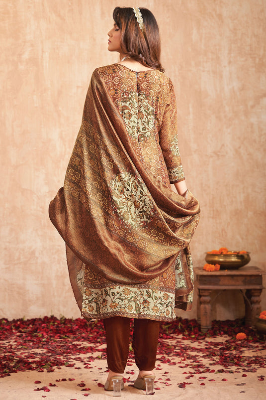 Digital Print Function Wear Salwar Kameez In Brown Color