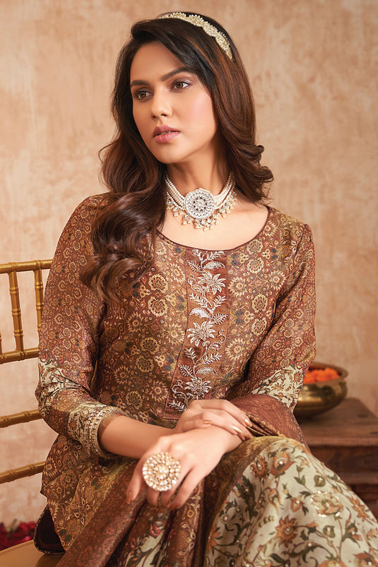 Digital Print Function Wear Salwar Kameez In Brown Color