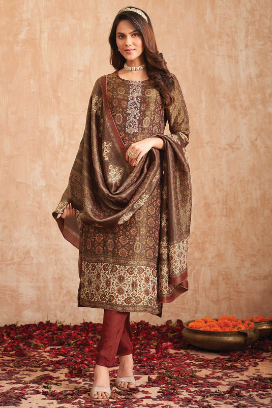 Brown Color Salwar Suit In Tissue Fabric