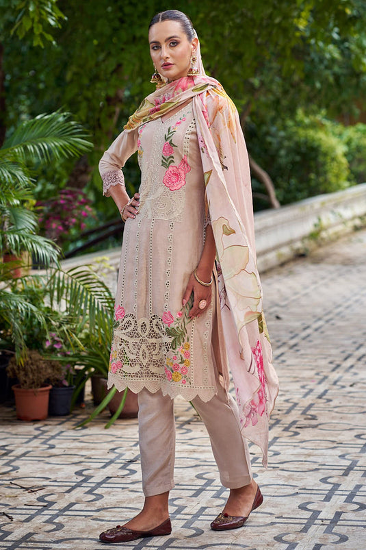 Function Wear Beige Color Suit In Muslin Fabric