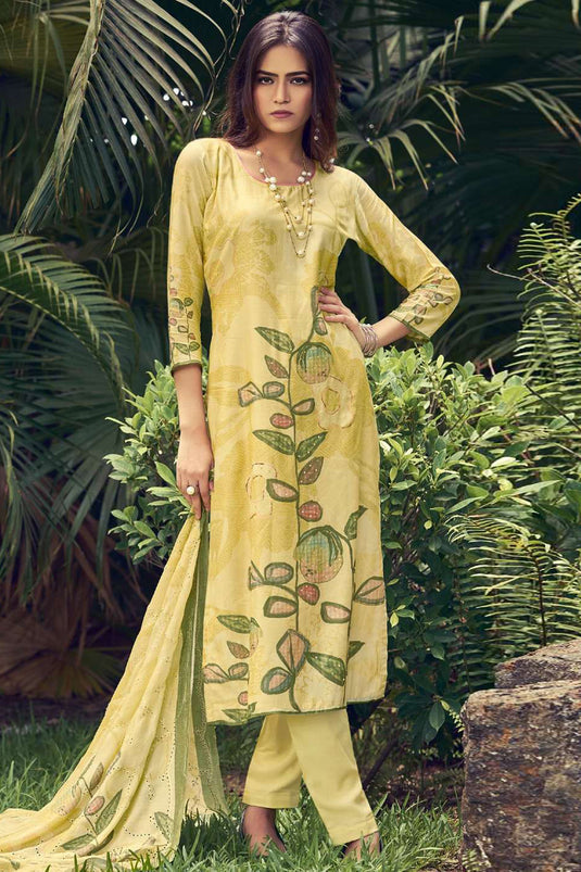 Lemon Yellow Casual Muslin Printed Salwar Kameez