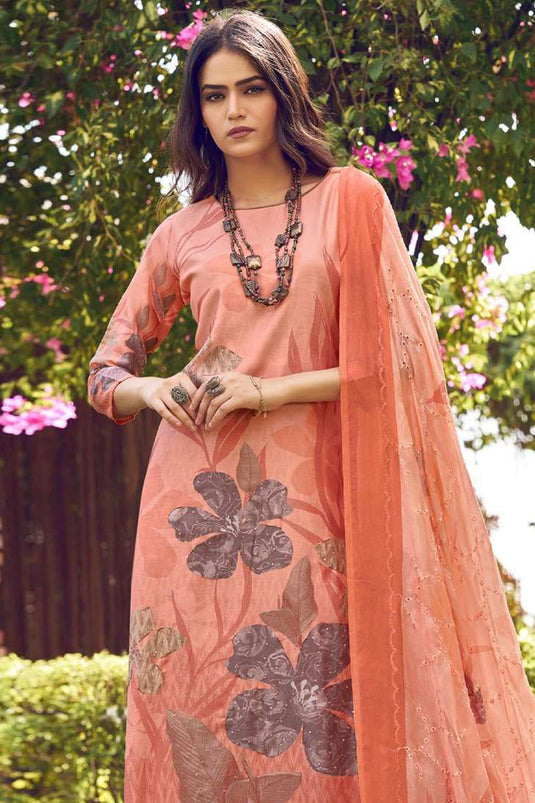 Daily Wear Printed Muslin Fabric Salwar Suit In Peach Color