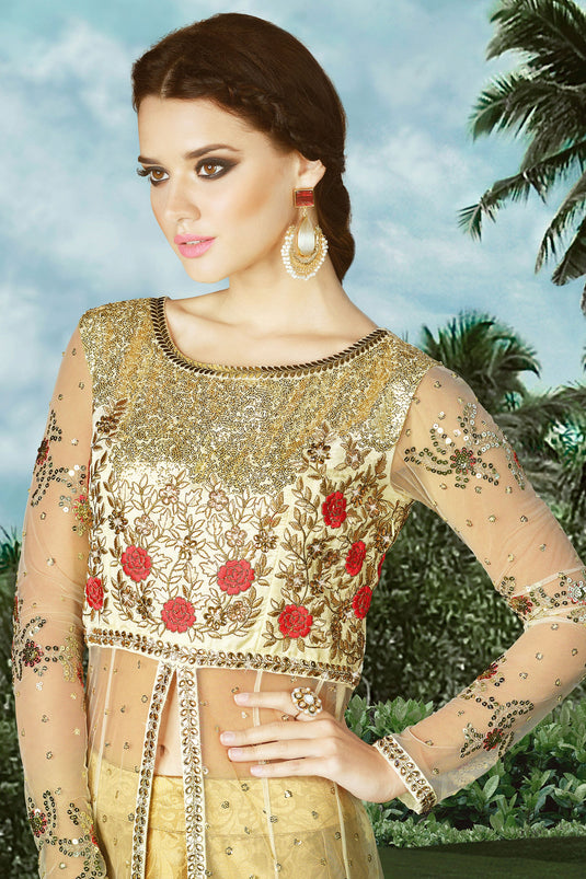 Beige Net Embroidery Work Anarkali Salwar Kameez