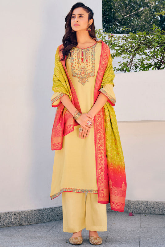 Yellow Art Silk Embroidery Work Palazzo Salwar Kameez