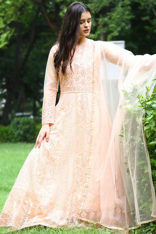 Peach Net Embroidery Work Anarkali Salwar Suit