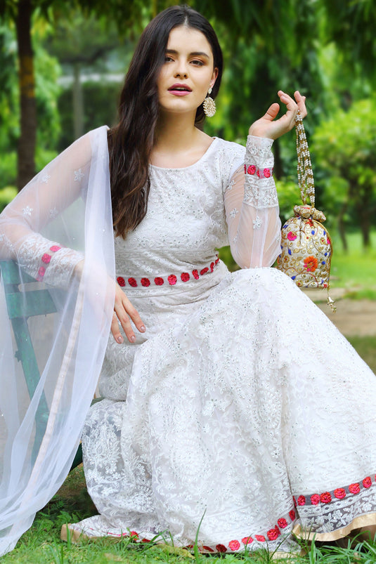 White Net Embroidery Work Anarkali Suit