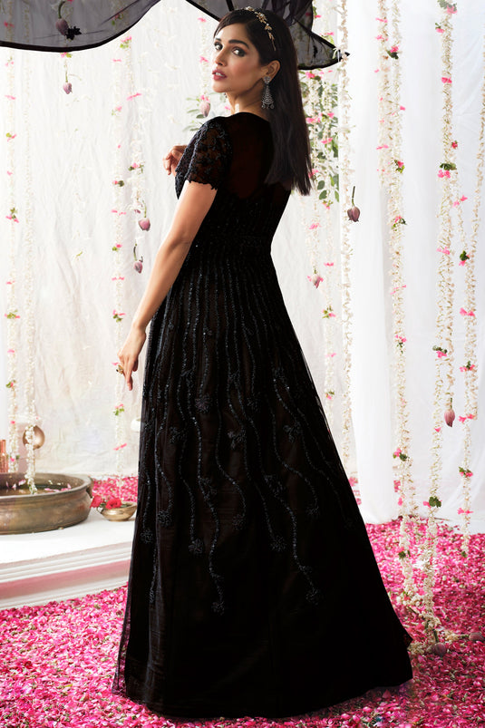 Black Net Embroidery Work Anarkali Suit