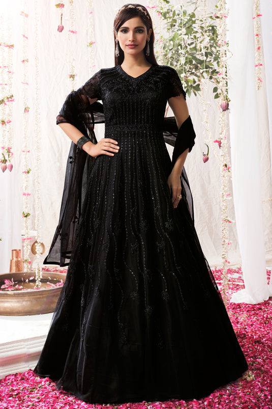 Black Net Embroidery Work Anarkali Suit