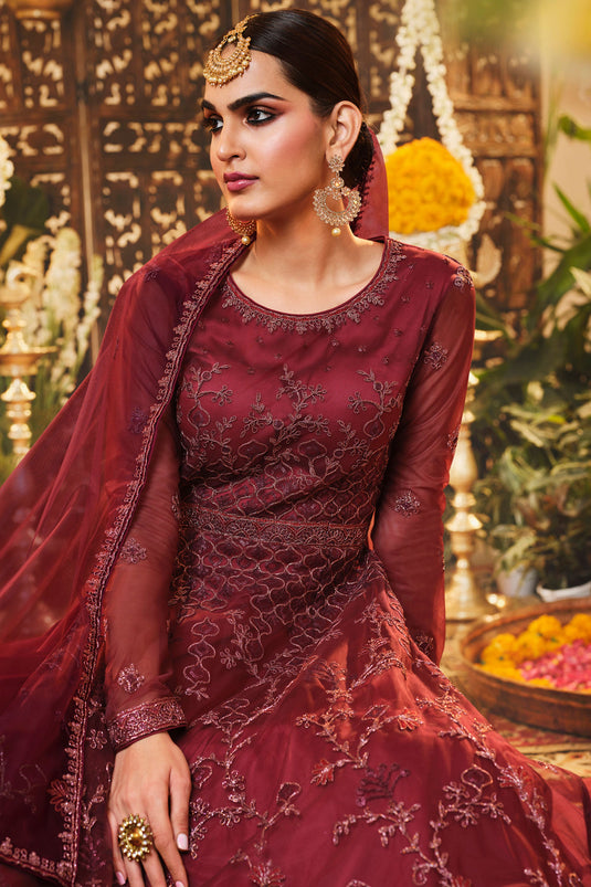 Maroon Function Wear Embroidery Work Anarkali Salwar Suit