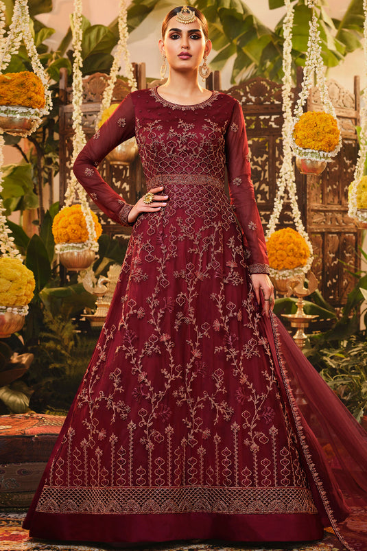 Maroon Function Wear Embroidery Work Anarkali Salwar Suit