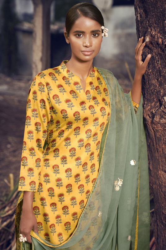 Yellow Cotton Printed Salwar Suit