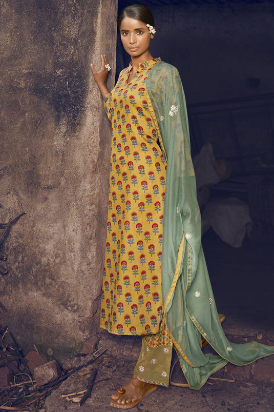 Yellow Cotton Printed Salwar Suit