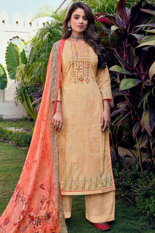 Beige Cotton Casual Printed Palazzo Salwar Kameez