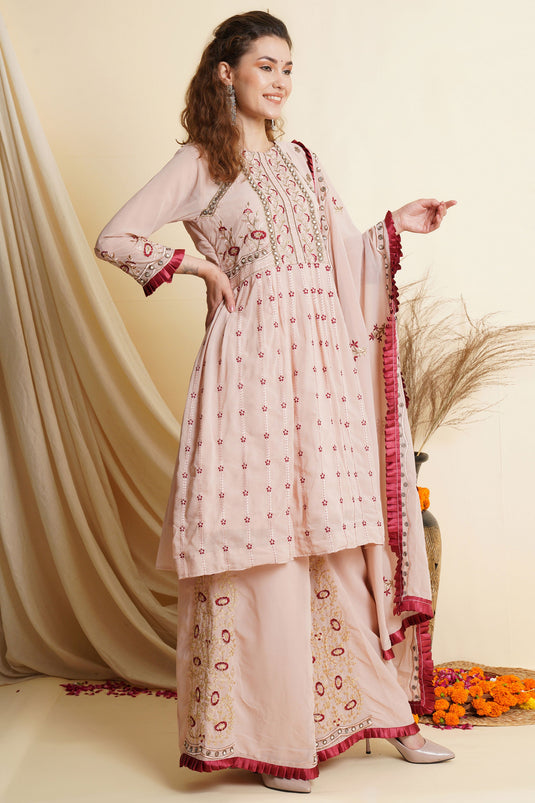 Embroidery Work Sharara Style Palazzo Salwar Suit In Pink Color