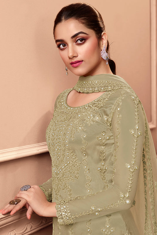 Beige Net Embroidery Sangeet Wear Palazzo Dress