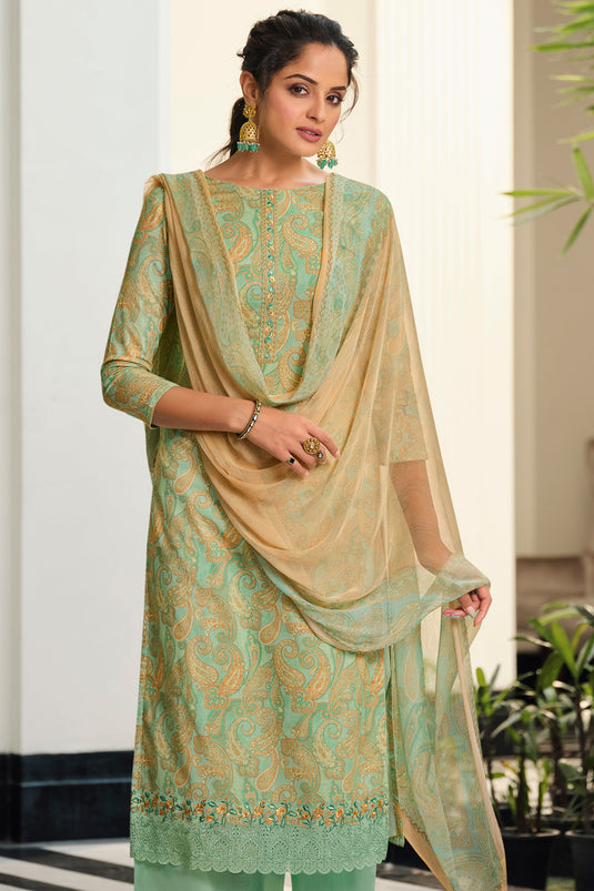 Sea Green Cotton Printed Daily Wear Palazzo Salwar Kameez