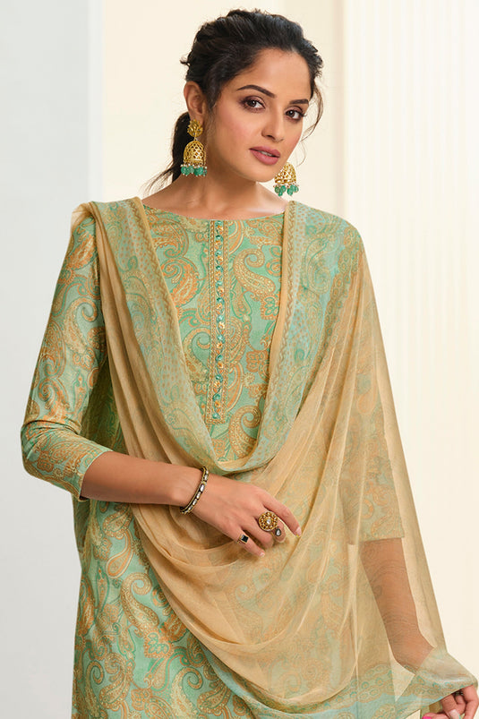 Sea Green Cotton Printed Daily Wear Palazzo Salwar Kameez