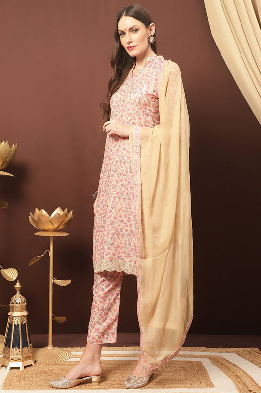 Beige Cotton Printed Casual Salwar Suit