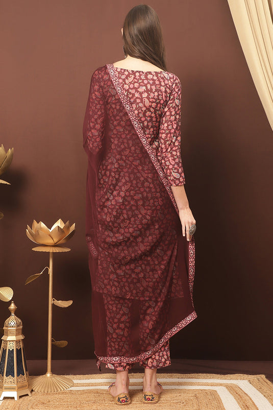 Maroon Cotton Printed Daily Wear Suit