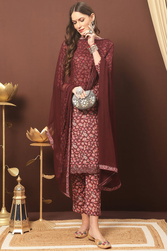 Maroon Cotton Printed Daily Wear Suit