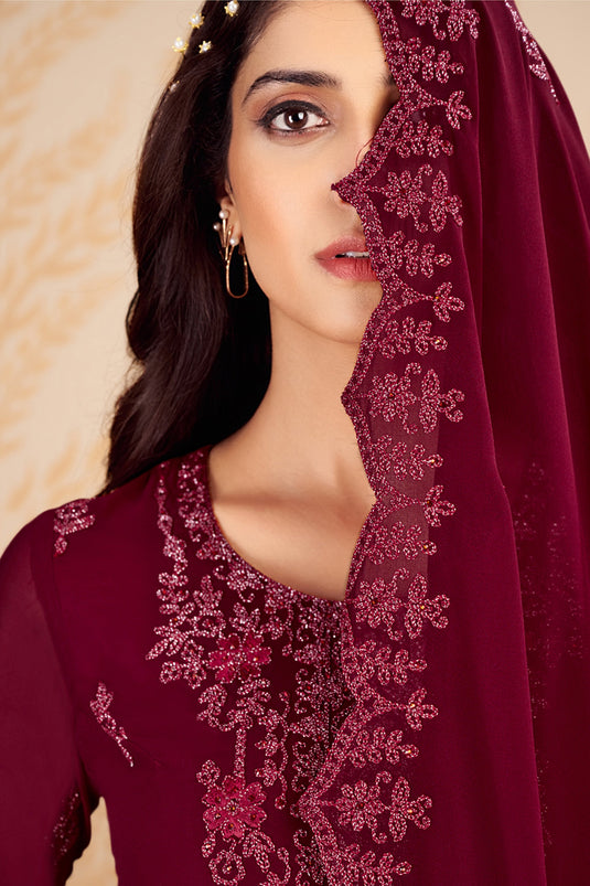 Maroon Georgette Embroidery Function Wear Salwar Suit