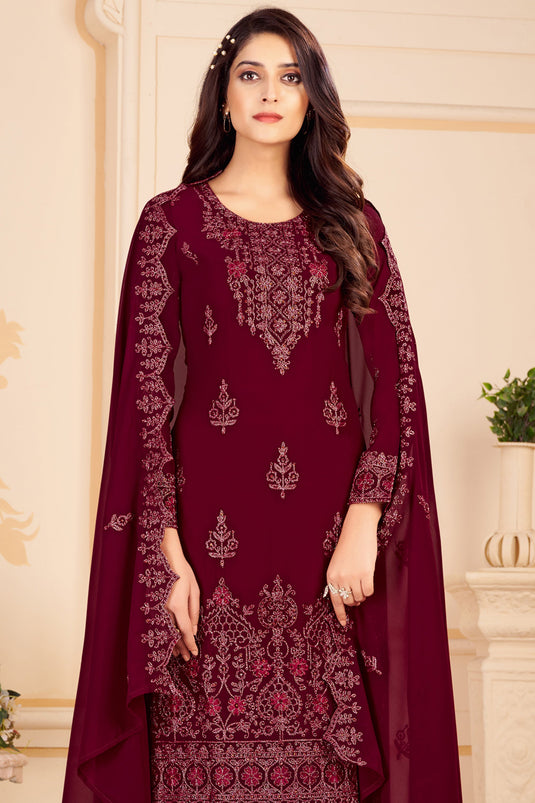 Maroon Georgette Embroidery Function Wear Salwar Suit