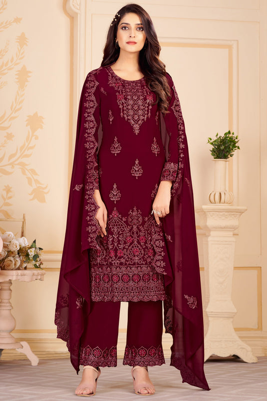 Maroon Georgette Embroidery Function Wear Salwar Suit