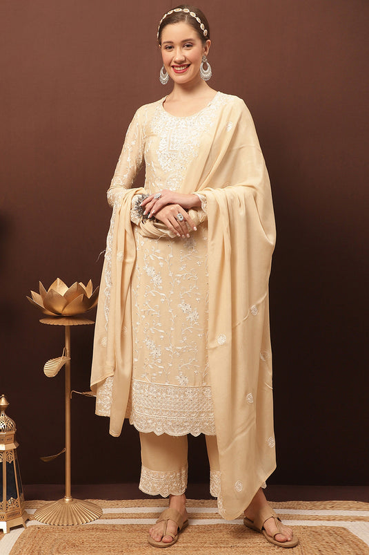 Beige Chinon Embroidered Function Wear Salwar Kameez