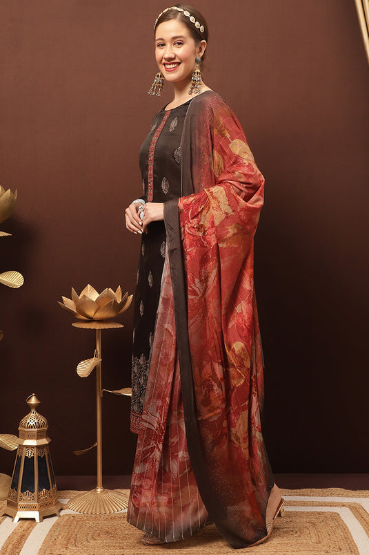 Brown Art Silk Embroidered Function Wear Palazzo Suit