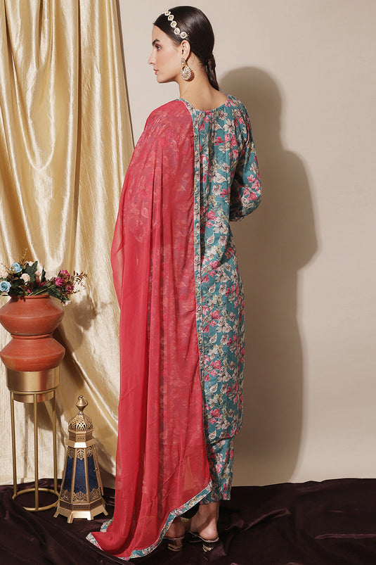 Sky Blue Muslin Printed Daily Wear Salwar Suit