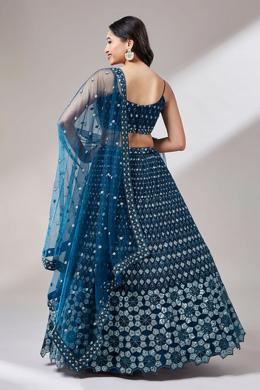 Sequins Work Navy Blue Designer 3 Piece Lehenga Choli In Net Fabric