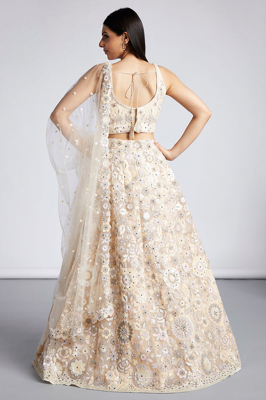 Cream Sequins Work On Wedding Wear Net Lehenga Choli