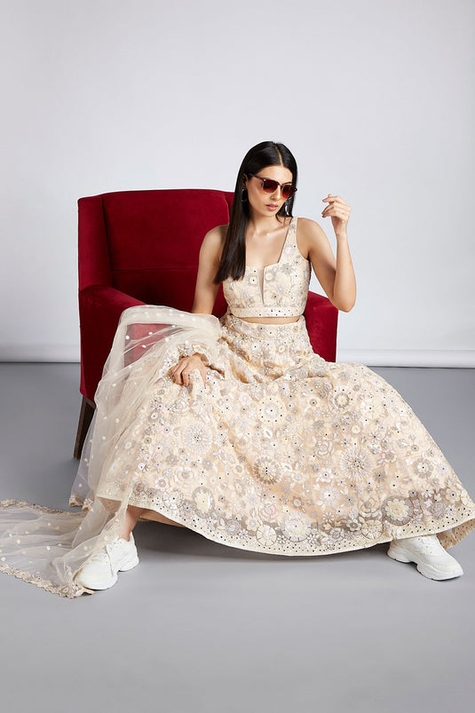 Cream Sequins Work On Wedding Wear Net Lehenga Choli