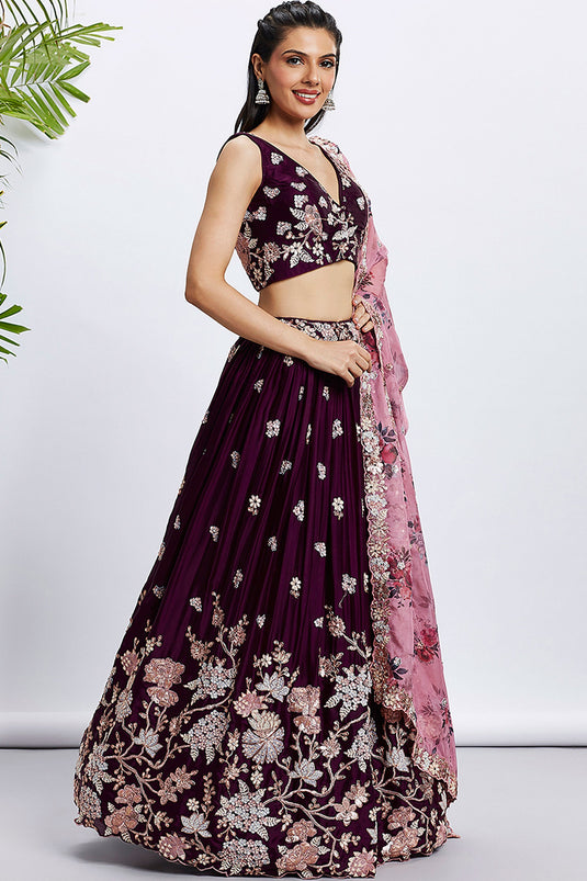 Sequins Work Burgundy Designer Lehenga Choli In Georgette Fabric