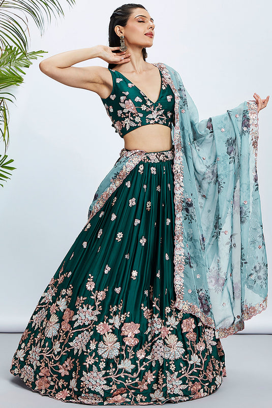 Sequins Work Green Bridal Lehenga In Georgette Fabric with Designer Choli