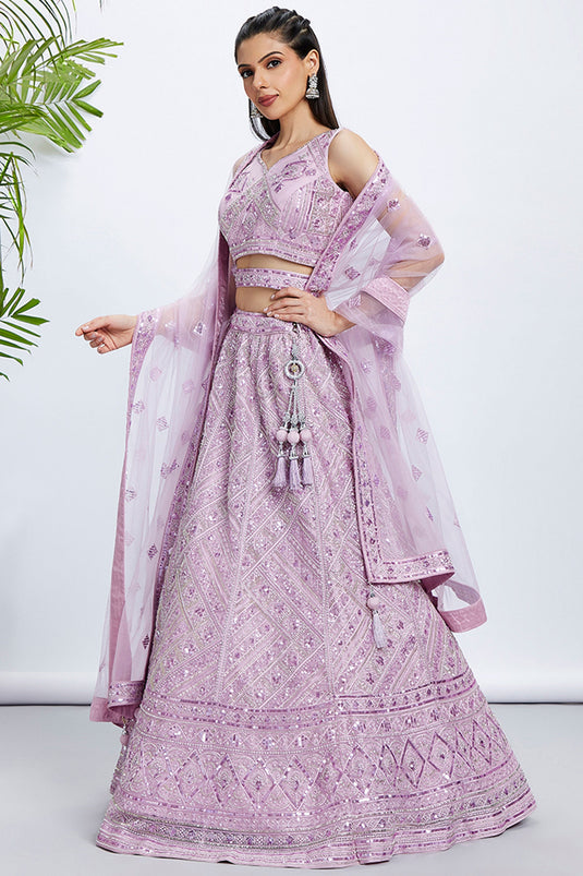 Lavender Net Reception Wear 3 Piece Lehenga With Sequins Work And Embellished Blouse