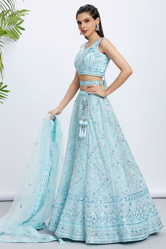 Turquoise Blue Net Fabric Occasion Wear Chaniya Choli With Sequins Work And Blouse