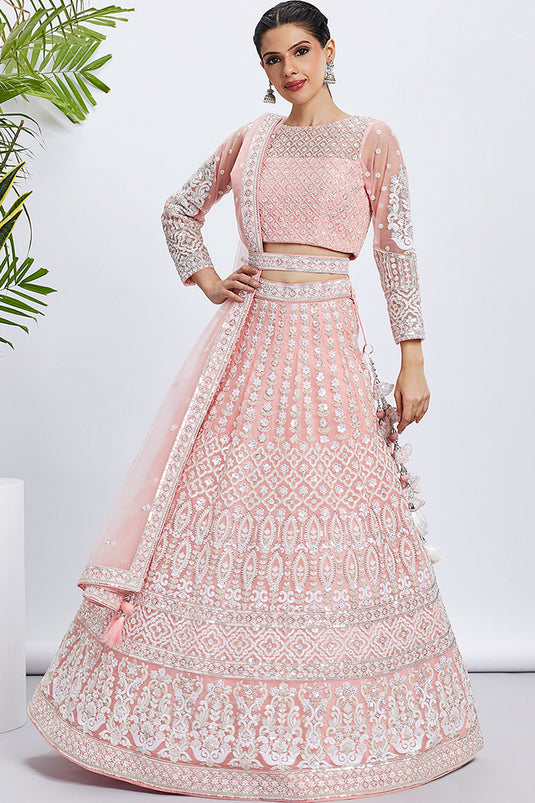 Net Fabric Function Wear Sequins Work Lehenga Choli In Pink Color