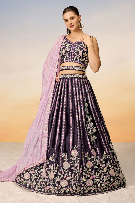 Purple Satin 3 Piece Lehenga With Sequins Work And Alluring Blouse