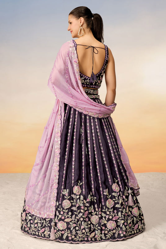 Purple Satin 3 Piece Lehenga With Sequins Work And Alluring Blouse