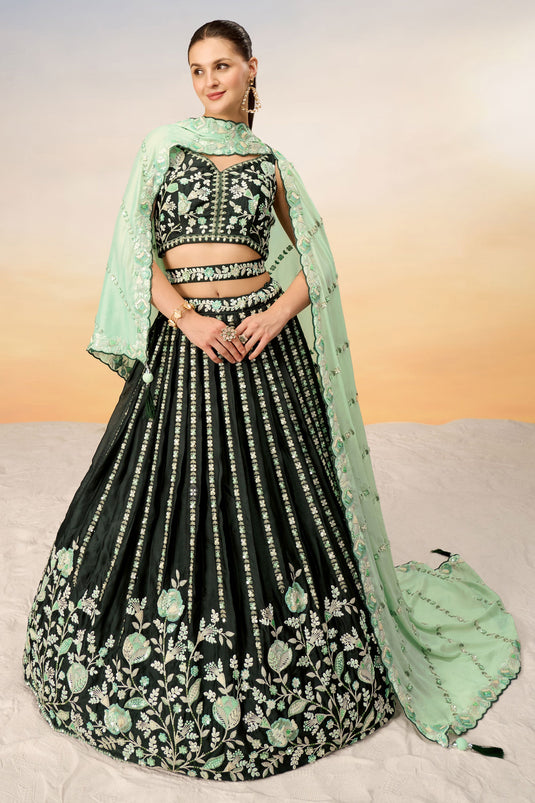 Green Satin Lehenga With Sequins Work And Enchanting Blouse