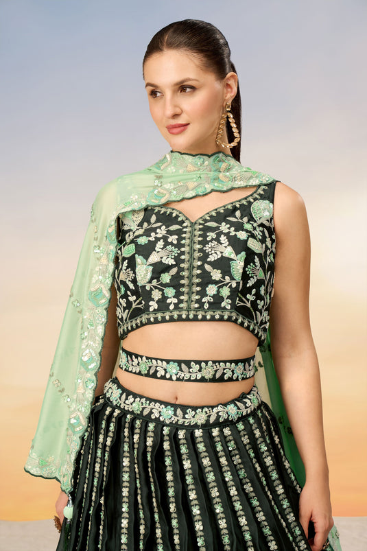 Green Satin Lehenga With Sequins Work And Enchanting Blouse