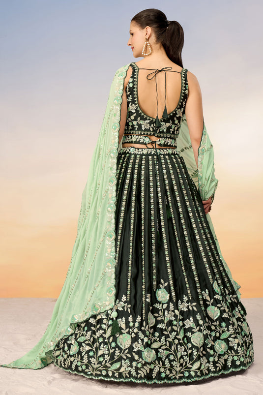 Green Satin Lehenga With Sequins Work And Enchanting Blouse