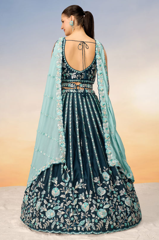 Teal Satin Fabric Sequins Work Lehenga With Blouse