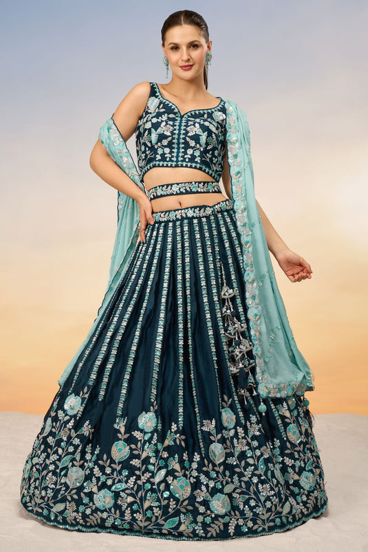 Teal Satin Fabric Sequins Work Lehenga With Blouse