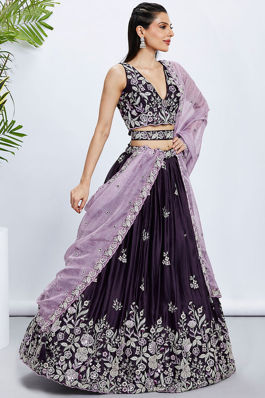 Sequins Work On Purple Silk Lehenga With Artistic Blouse