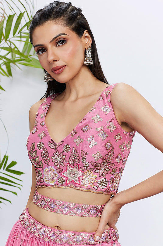 Pink Sequins Work Chiffon Silk Lehenga With Riveting Blouse