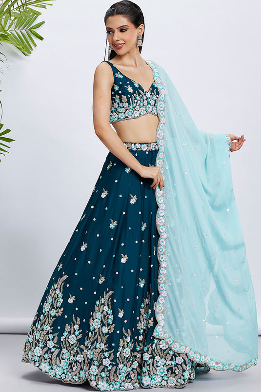 Sequins Work Teal Georgette Fabric Occasion Wear Lehenga Choli