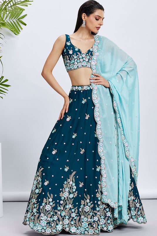 Sequins Work Teal Georgette Fabric Occasion Wear Lehenga Choli