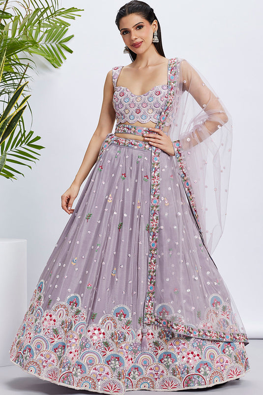 Chiffon Purple Sequins Work 3 Piece Lehenga With Enthralling Blouse